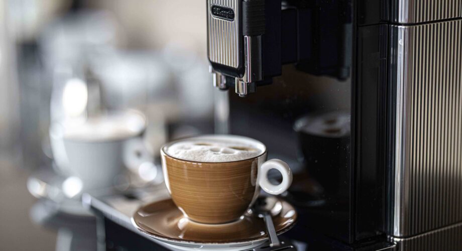 Braune Cappuccino-Tasse mit Milchschaum steht auf einem dunklen Tresen – Kaffeepause im MeetingRAUM Ingolstadt.